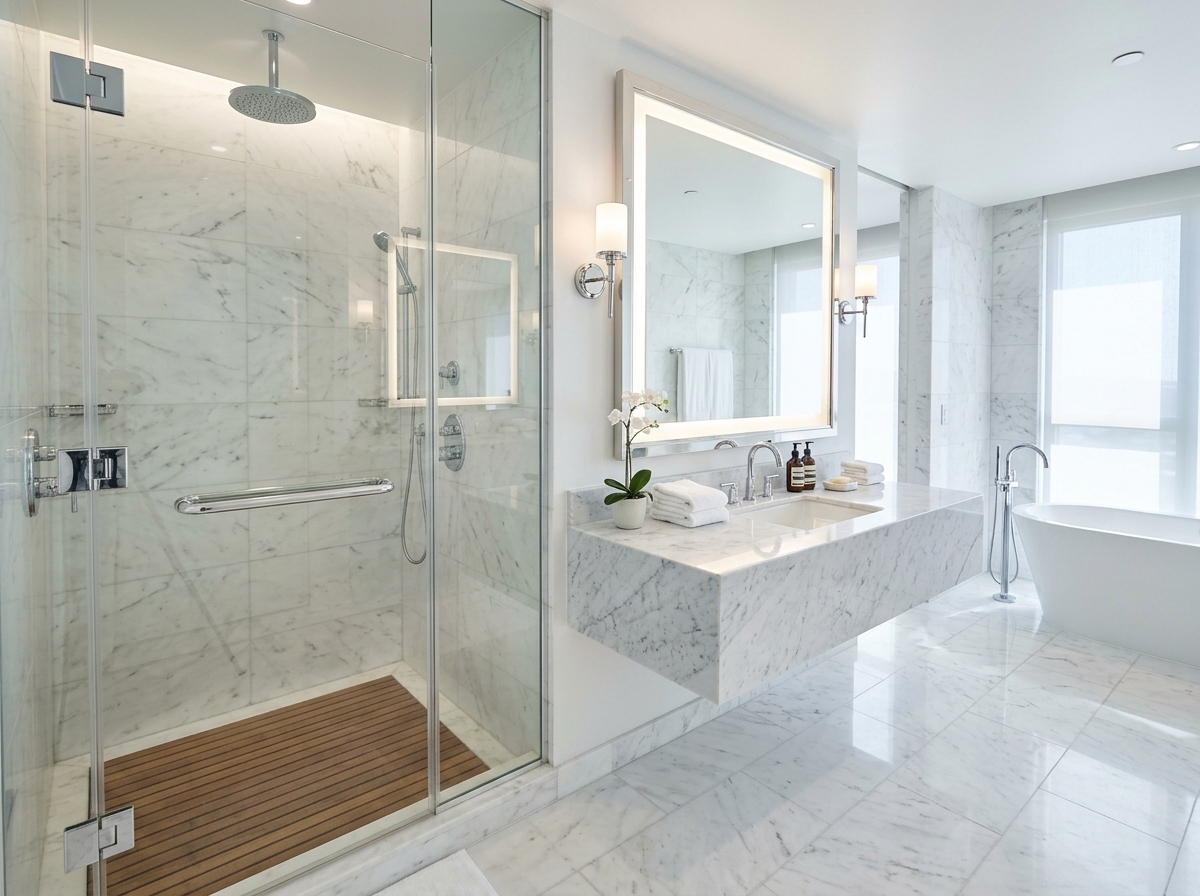 Bathroom hard water descaling and sanitization