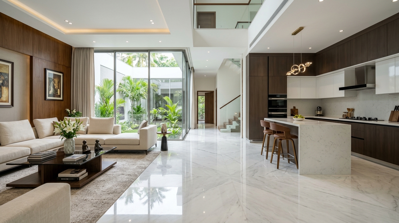 Pristine luxury home interior cleaned by Miraaya Hospitality in Thiruvananthapuram
