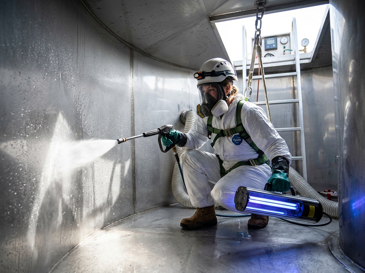 Underground and overhead water tank cleaning with UV disinfection